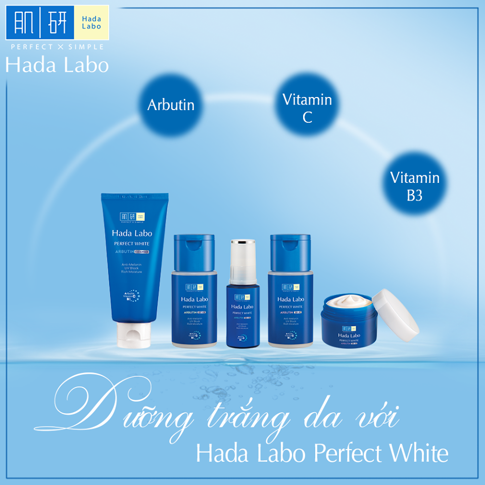 Bộ sản phẩm dưỡng trắng da tối ưu Hada Labo Perfect White (Kem rửa mặt 80g + Dung dịch dưỡng 100ml + Kem dưỡng 50g)