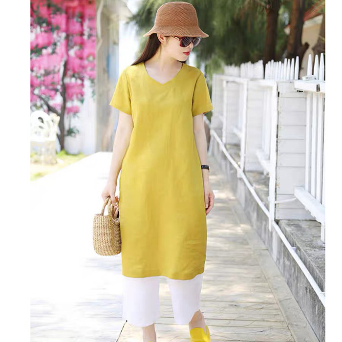 Đầm suông linen cổ tim tay ngắn trẻ trung ArcticHunter, thời trang thương hiệu chính hãng