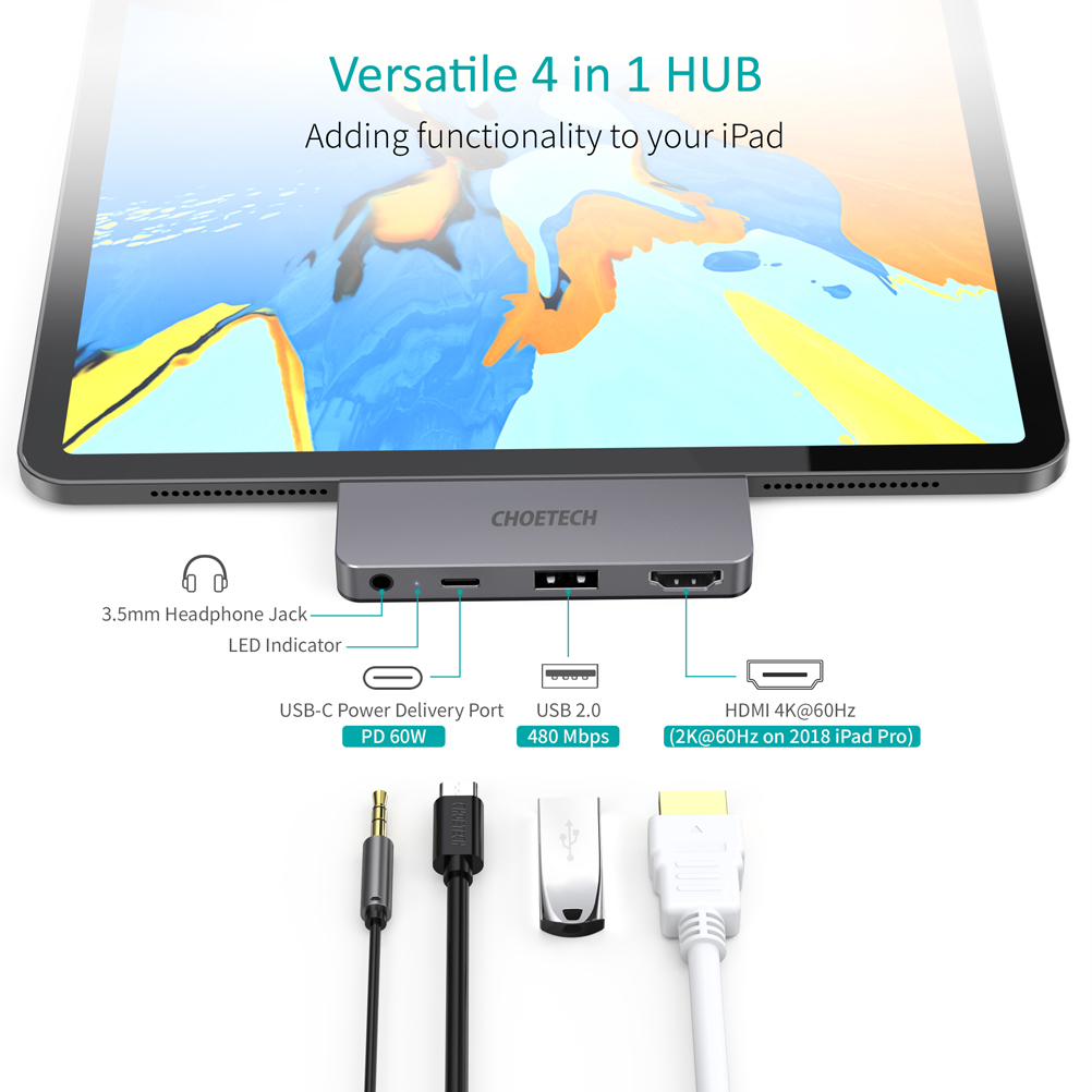 Hub Chuyển Đổi Type C to HDMI 4K 60Hz, Type C PD 60W, USB 2.0, AUX 3.5mm (4 In 1) CHOETECH HUB-M13 - Hàng Chính Hãng