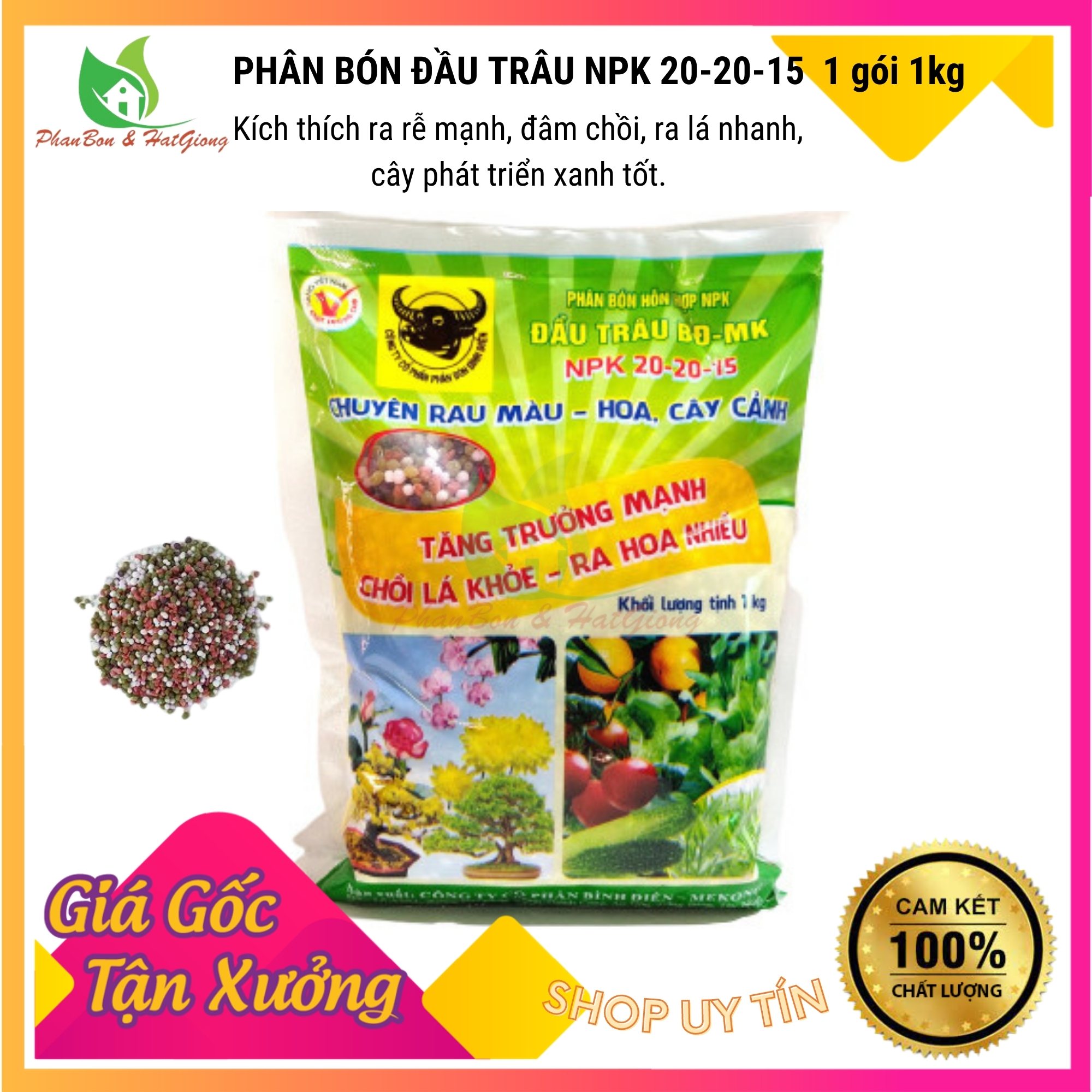 Phân Bón Đầu Trâu NPK 20-20-15 Giúp Chồi Lá Khỏe, Cây Ra Hoa Nhiều, Hoa Đẹp, Lâu Tàn - Shop Phân Bón và Hạt Giống