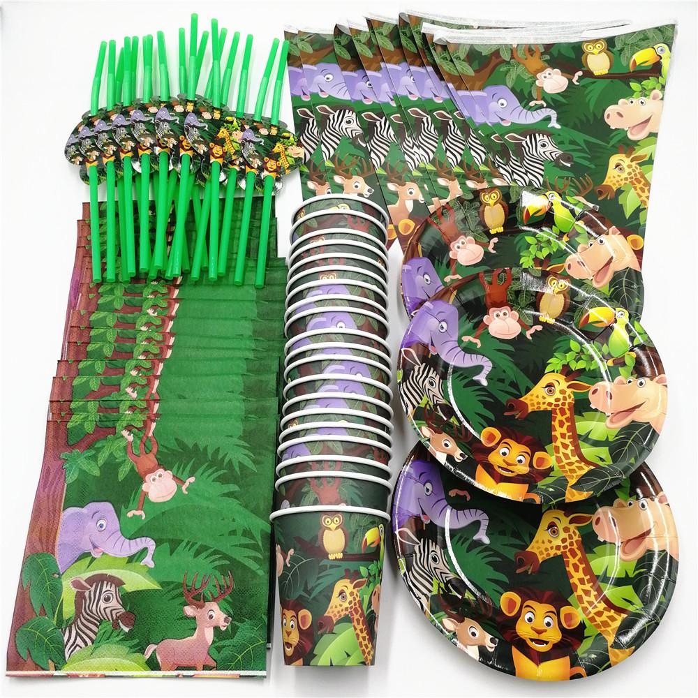 81 Chiếc 20 Người Rừng Động Vật Dùng Một Lần Bộ Đồ Ăn Trẻ Em Sinh Nhật Trang Trí Biểu Ngữ Ống Hút Khăn Ăn Cốc Đĩa Dự Tiệc Cung Cấp