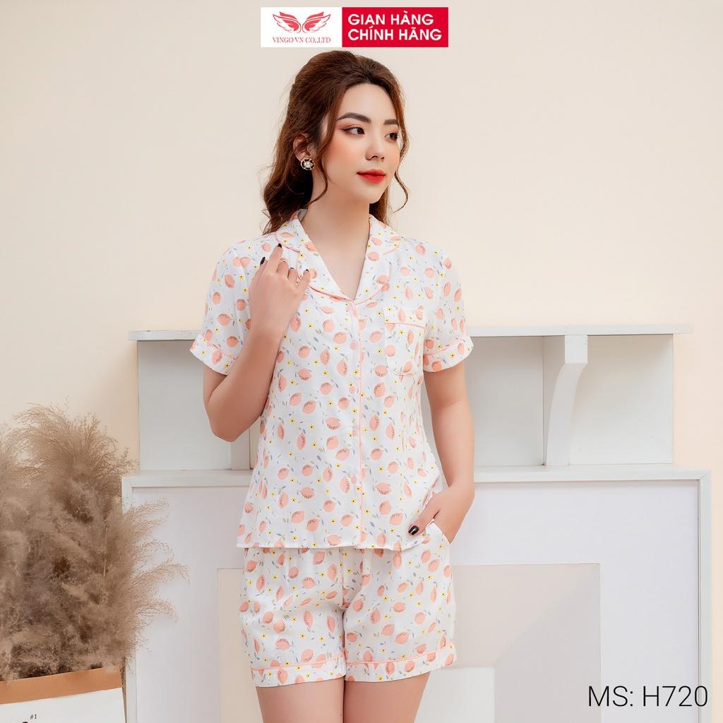 Bộ pijama mặc nhà nữ VINGO tay cộc quần cộc vải tơ đũi mềm mát mùa Hè họa tiết quả chanh hồng dễ thương H720 VNGO