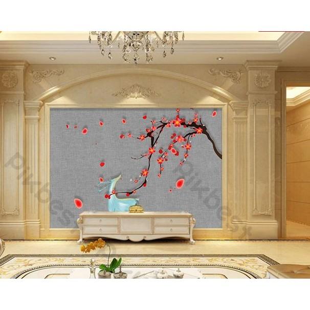 Tranh dán tường Cành hoa đào bay trong gió xuân, Tranh dán tường 3d hiện đại MS1102883