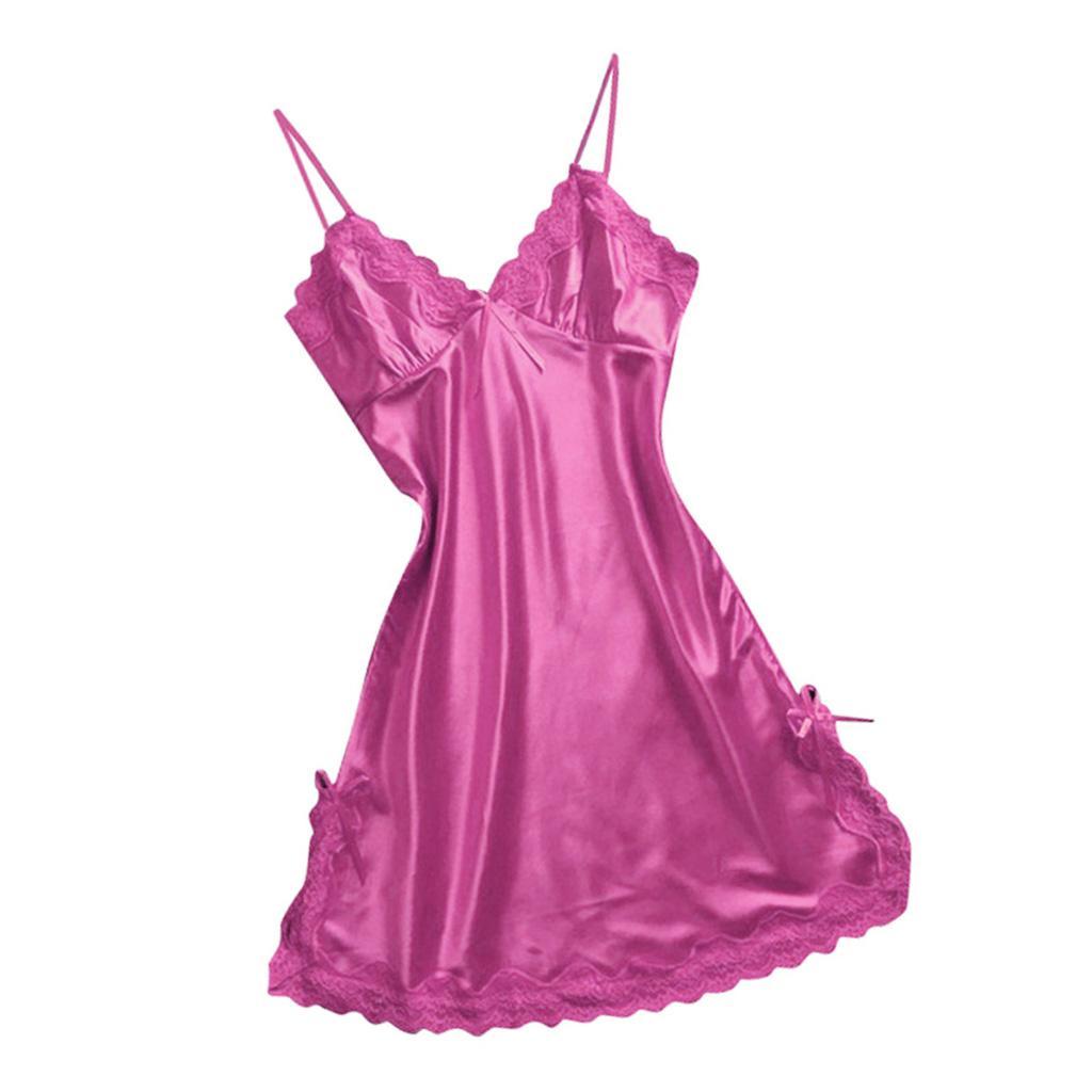 Womens Lingerie Sleepwear Satin Bowknot Lace Slip Dress S