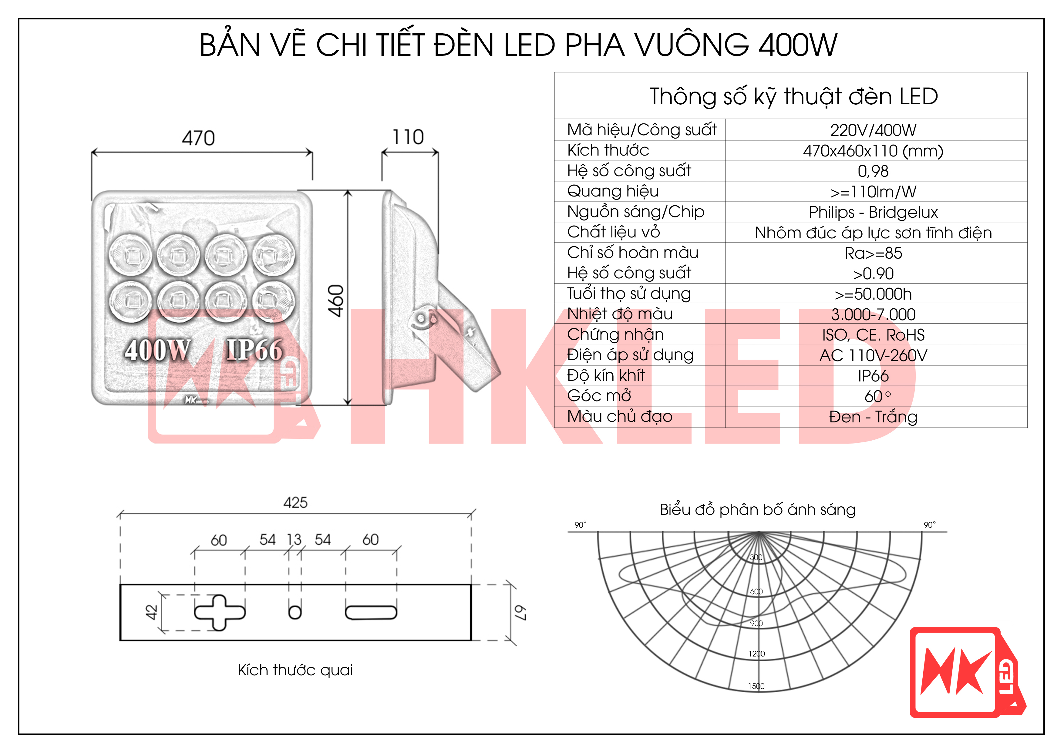 HKLED - Đèn pha tròn vuông LED ngoài trời 400W - IP66 - DPTV400