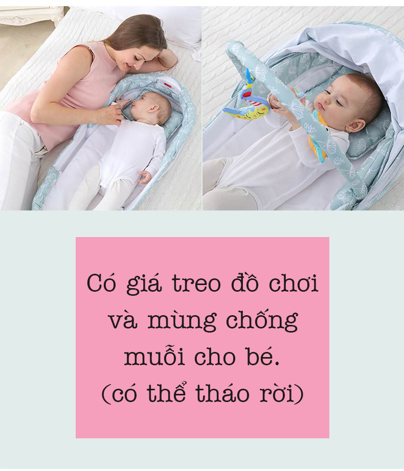 Nôi Vải Ngủ Chung Giường - Di Động, Gọn Nhẹ, Êm Ái, Thoáng Khí và Thấm Hút Tốt Kèm Mùng,Đồ Chơi, Nhạc, Pin, Gối Chống Bẹp Đầu