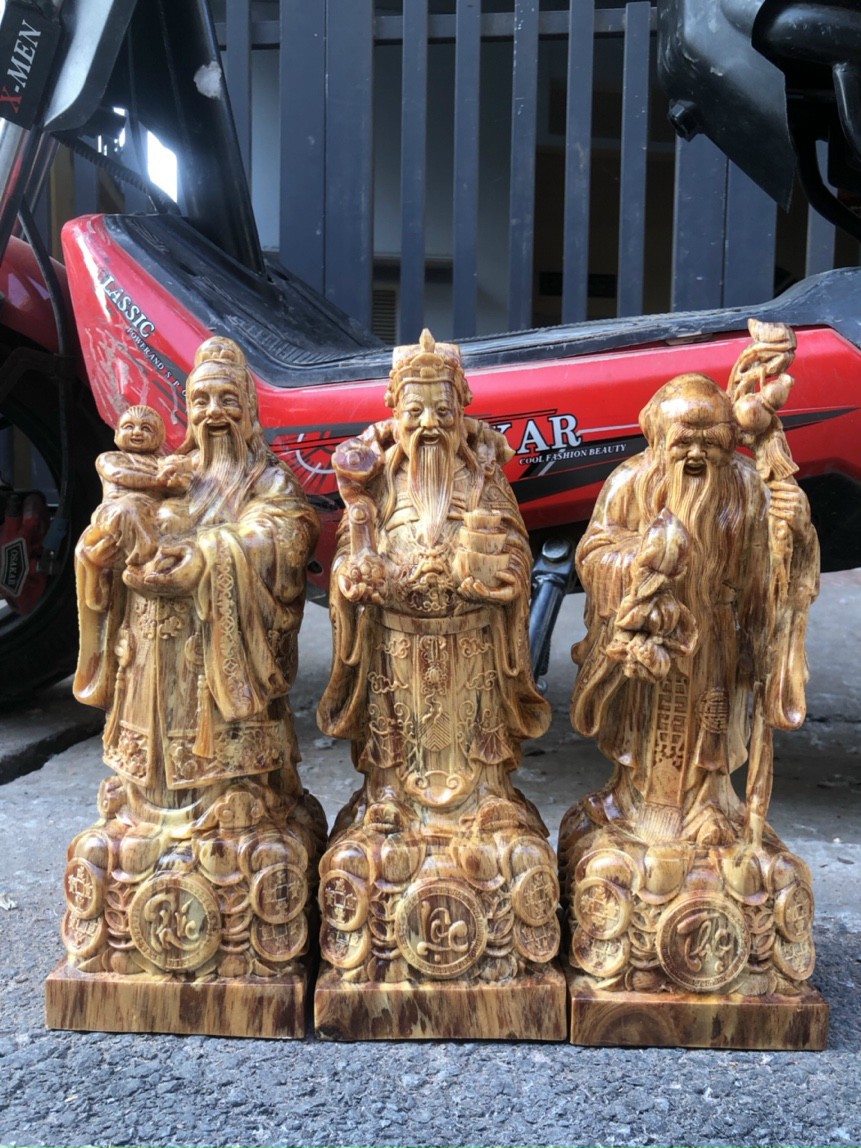 Bộ tượng phật tam đa phúc lộc thọ bằng gỗ huyết long kt cao 30×11×9cm