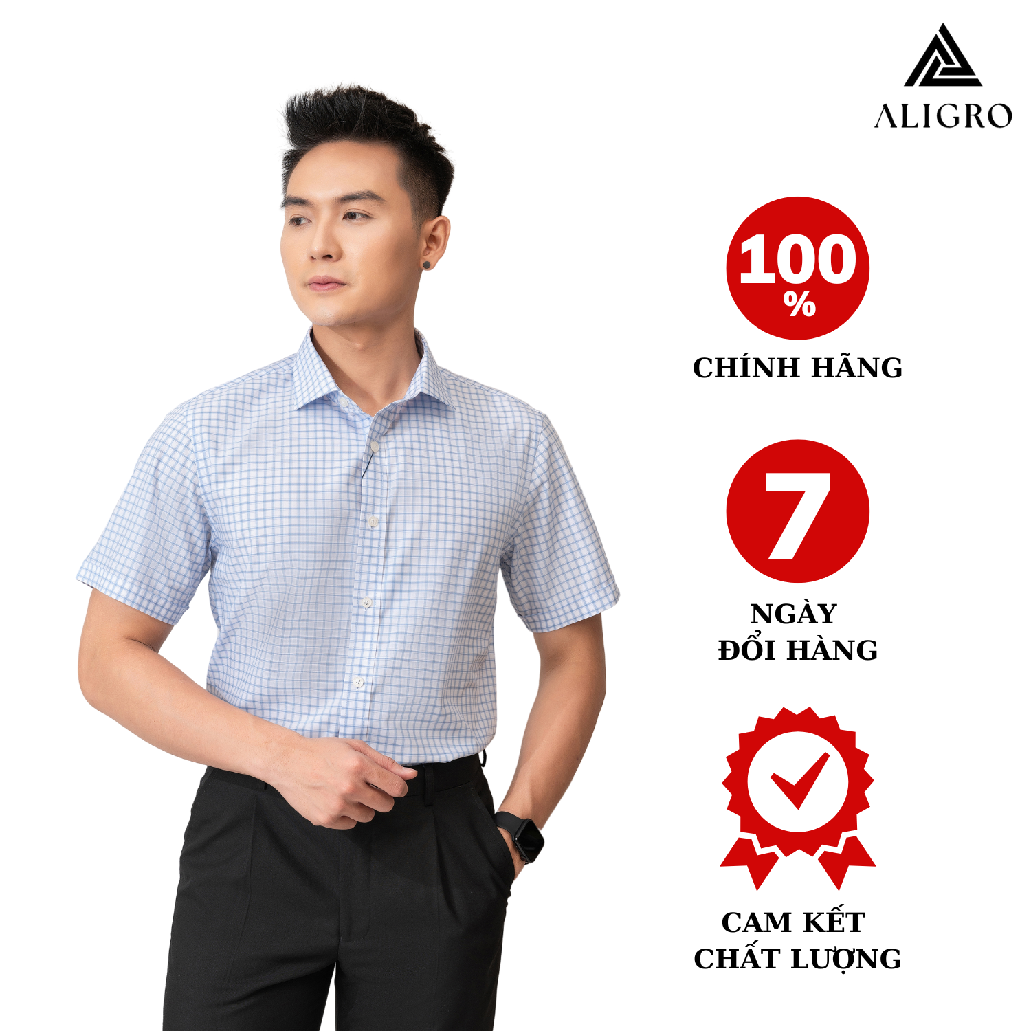 Áo sơ mi nam ngắn tay ALIGRO màu xanh da trời họa tiết kẻ sọc form slim vừa thời trang công sở trẻ trung ALGS-C116