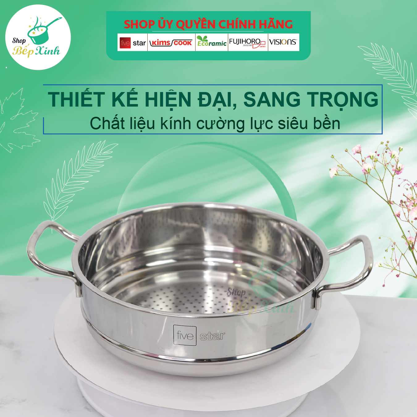 Bộ nồi xửng inox Fivestar 3 đáy từ 4 món nắp kính - tặng 1 vá canh