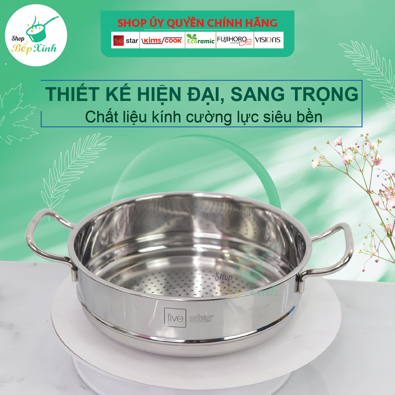 Nồi lẩu xửng hấp inox cao cấp Fivestar 3 đáy từ nắp kính - hàng chính hãng