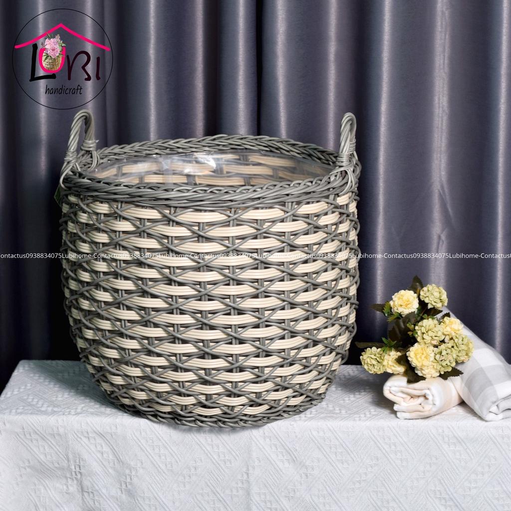 Lubihandicraft - Sọt đựng đồ tròn đan dây nhựa thắt chữ X cao cấp - bền, sang trọng