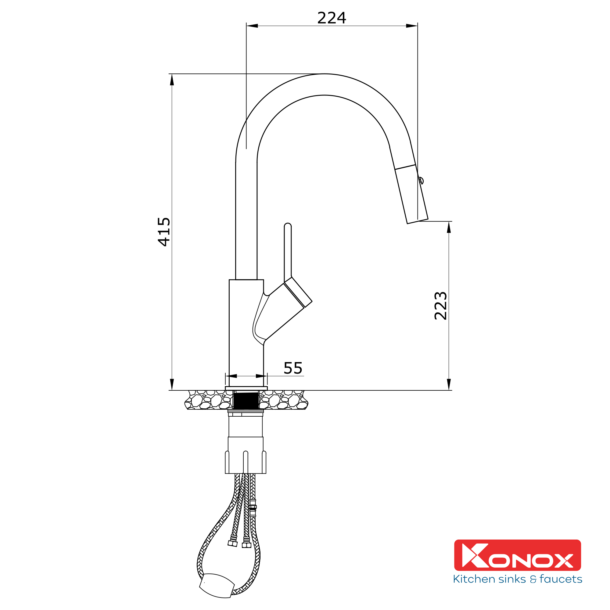 Vòi rửa bát dây rút Konox, Model Ponte Nickel, 4 phiên bản màu, Bề mặt mạ PVD 5 lớp cao cấp, Lõi đồng tiêu chuẩn CW617N, Linh kiện phụ trợ dòng chảy nhập khẩu châu Âu, Bảo hành chính hãng 5 năm, Hàng chính hãng