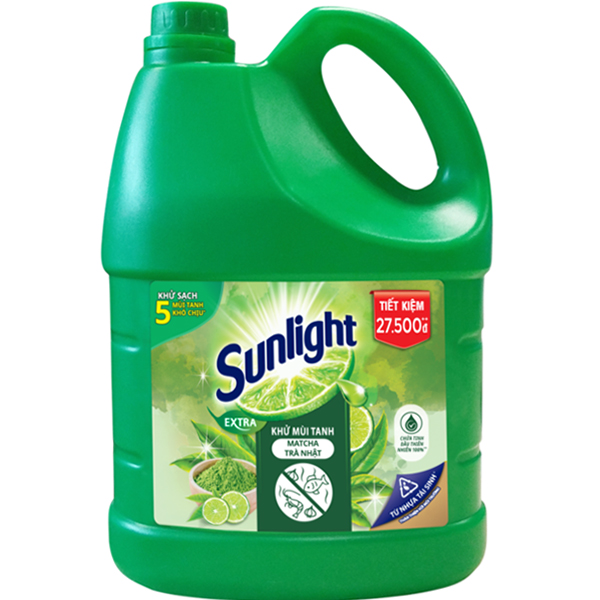 Nước Rửa Chén Bát Sunlight Trà Xanh Nhật Bản Khử Sạch 5 Mùi Tanh Khó Chịu Bấm Trên Chén Dĩa 3.6kg