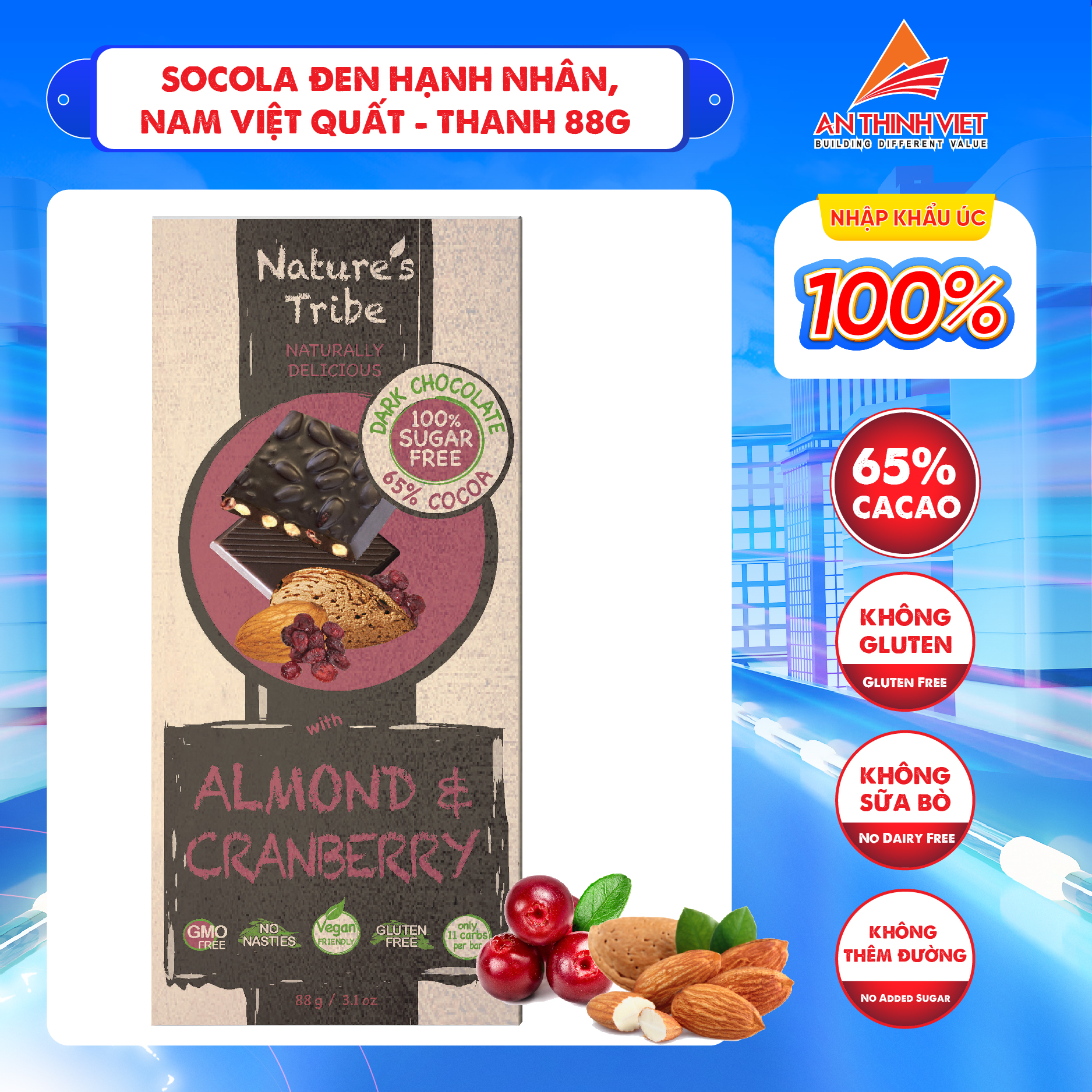 Socola Đen Hạnh Nhân &amp; Nam Việt Quất Không Đường Nhập Khẩu Úc, Gluten Free, Nature's Tribe Sugar Free Vegan Dark Choc