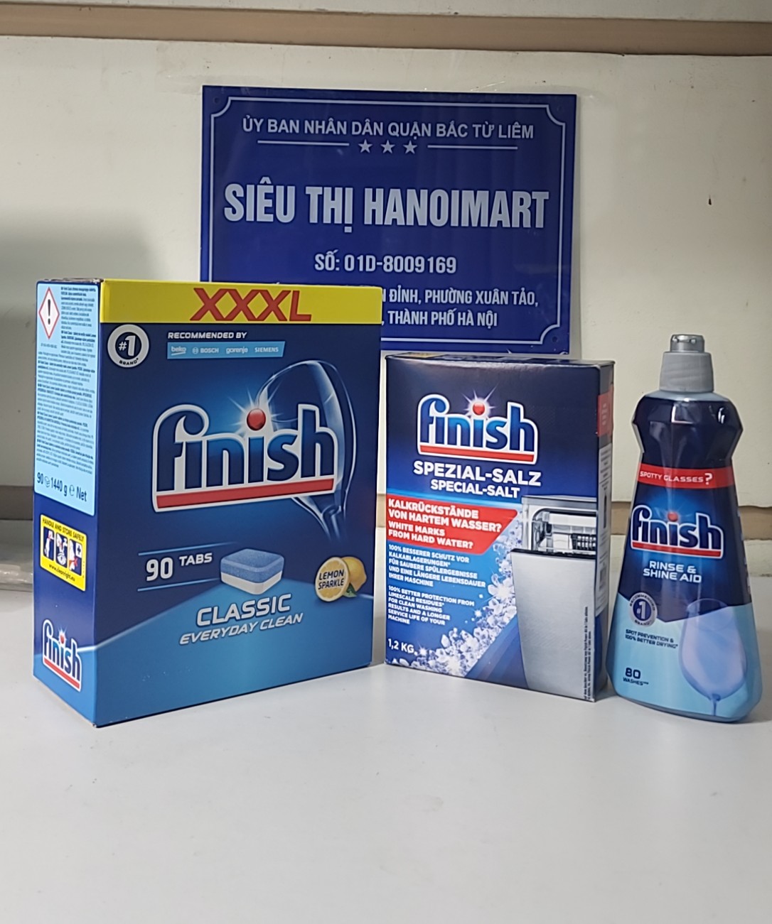 Bộ 3 sản phẩm muối rửa chén bát + hộp 100 viên rửa chén bát Finish + chai nước làm bóng 400 ml