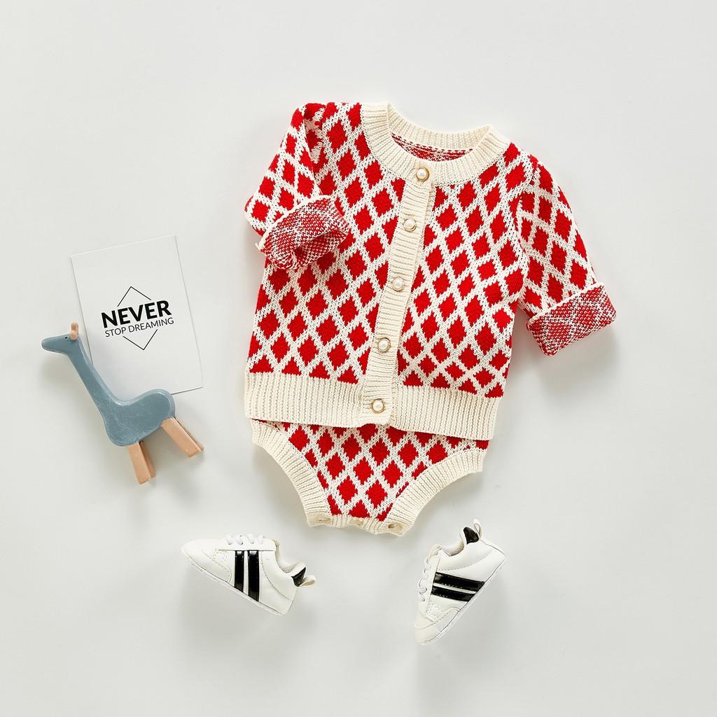 Set áo khoác kèm body len họa tiết trám đỏ mùa Noel cao cấp cho bé 0-24m
