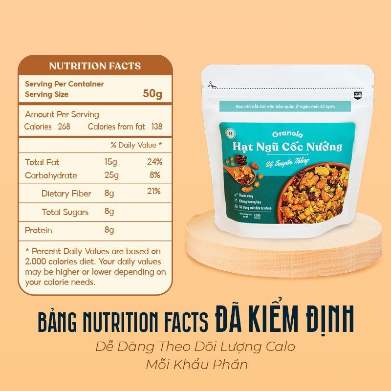 Granola nướng giòn tan - Vị truyền thống túi 400g - Dùng mật dừa nước, 0 trái cây sấy, GI thấp - Hạt ngũ cốc giảm cân - HeydayCacao