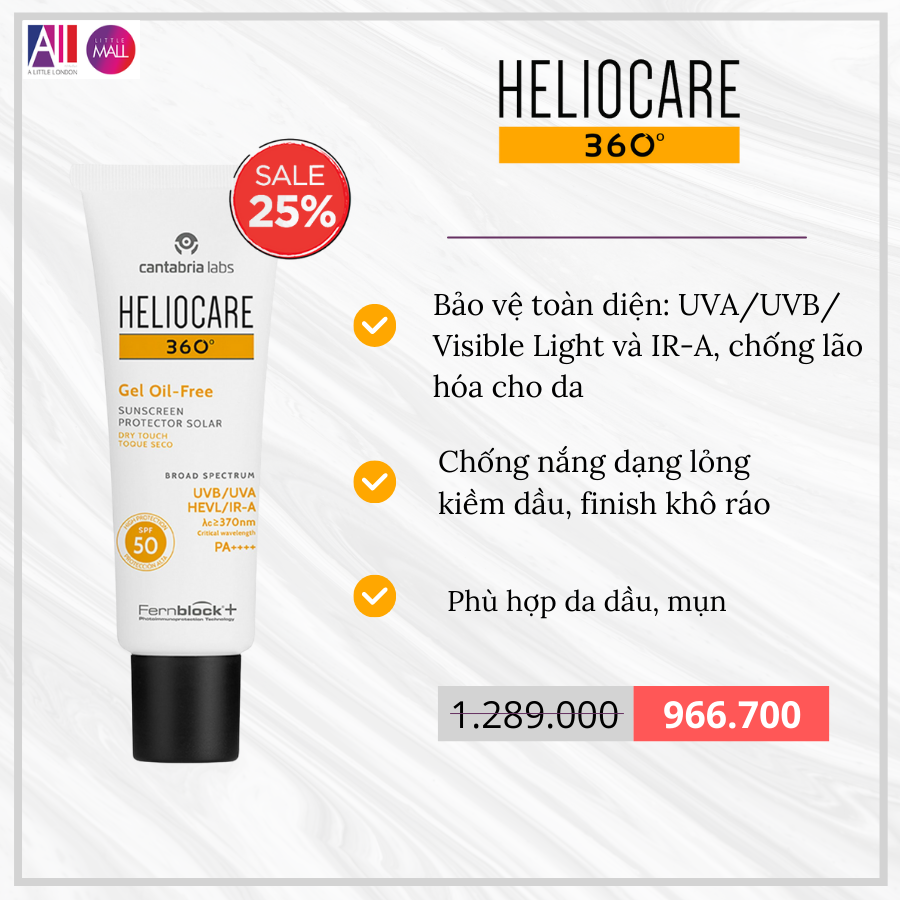 Kem chống nắng dạng gel Heliocare 360 gel oil free spf50 50ml TẶNG Sample Heliocare (Nhập khẩu)
