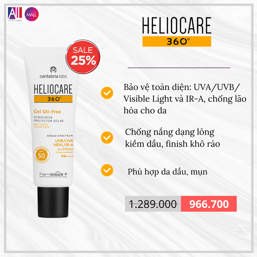 Kem chống nắng dạng gel Heliocare 360 gel oil free spf50 50ml TẶNG Sample Heliocare