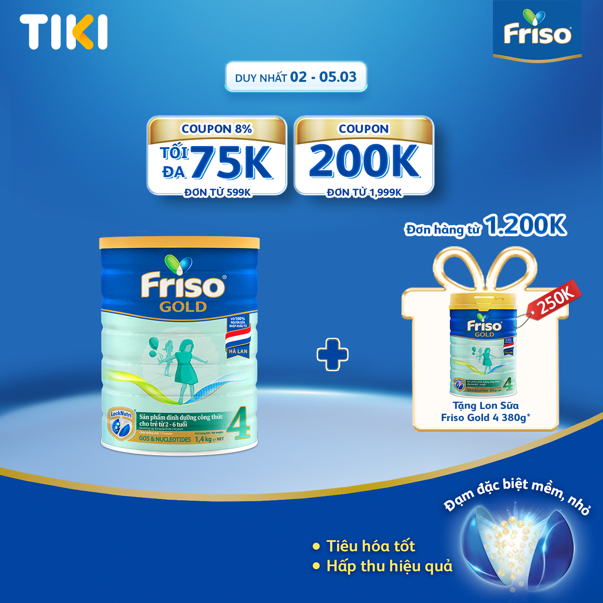 Tặng Lon sữa Friso Gold 380g khi mua DH 1.2tr Sữa Bột Friso Gold 4 1400g Dành Cho Trẻ Từ 2 - 6 Tuổi