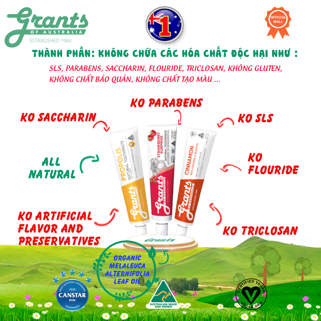 Kem đánh răng thảo dược hữu cơ Keo ong  Grants 110g+ Quế  Grants 110g + Dâu tây Grants 75g,- Bộ 3 tuýp - Chăm sóc răng miệng cho cả gia đình