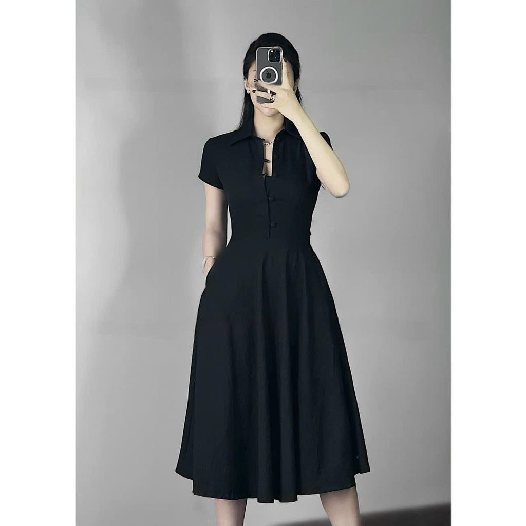 Đầm xoè sơmi nút bọc 2 túi