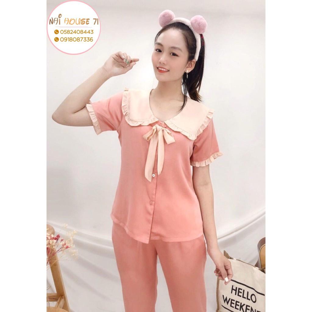 Bộ lụa Pijama NHIHOUSE71 Bộ Quần Dài Tay Ngăn Lụa Satin Tiểu Thư Cổ Phối Bèo Nơ Freesize 45-58kg