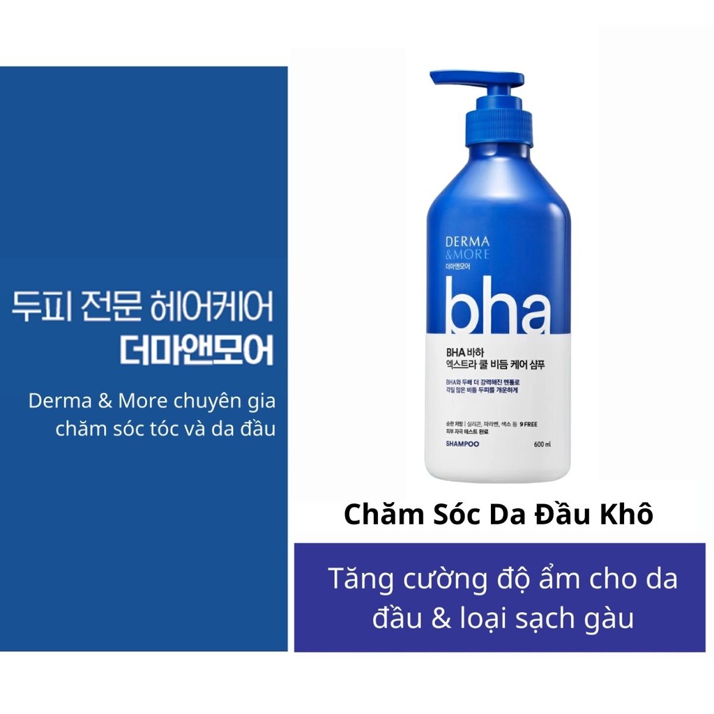 Dầu gội sạch gàu Derma &amp; More BHA EXTRA COOL chiết xuất tinh dầu bạc hà mát lạnh 600ml