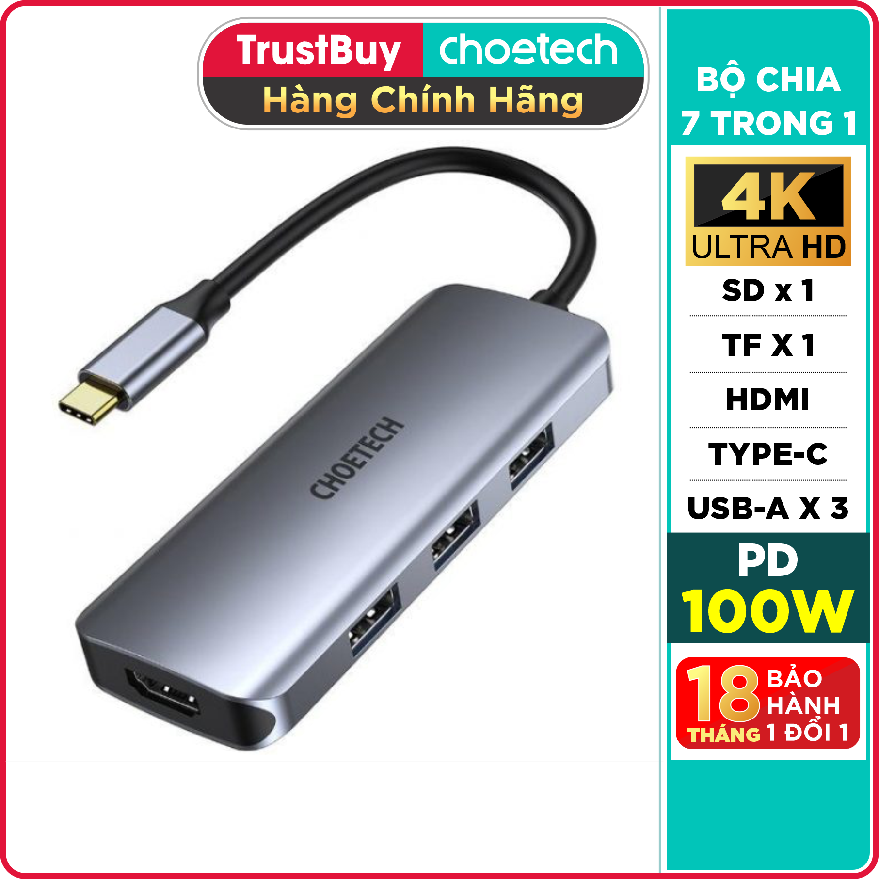 Hub Chuyển Đổi Type C To HDMI 4K, Type C 100W, 3 USB 3.0, SD/TF CHOETECH HUB-M19 - Hàng Chính Hãng
