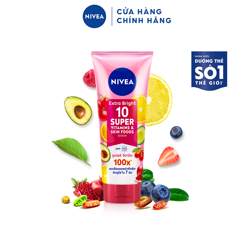 Serum Dưỡng Thể Sáng Da &amp; Làm Mờ Vết Thâm Hiệu Quả Trong 7 Ngày Nivea 10 Super Vitamins &amp; Skin Food 180ml (93765)