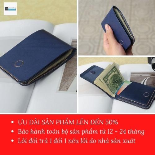 Ví sen, ví da bò thật 100%, bóp mini cầm taycho nam và nữ đựng tiền và thẻ, màu Xanh Navy