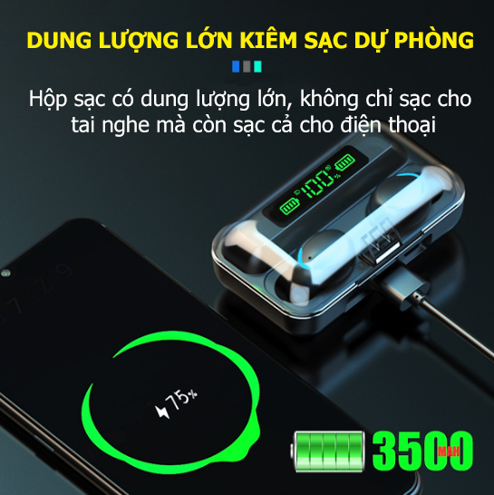 Tai Nghe Bluetooth Không Dây F9 Bản Pro Nhét Tai Pin 3500 maH Micro HD, Chống Nước - Tai nghe bluetooth pin trâu - Hàng chính hãng