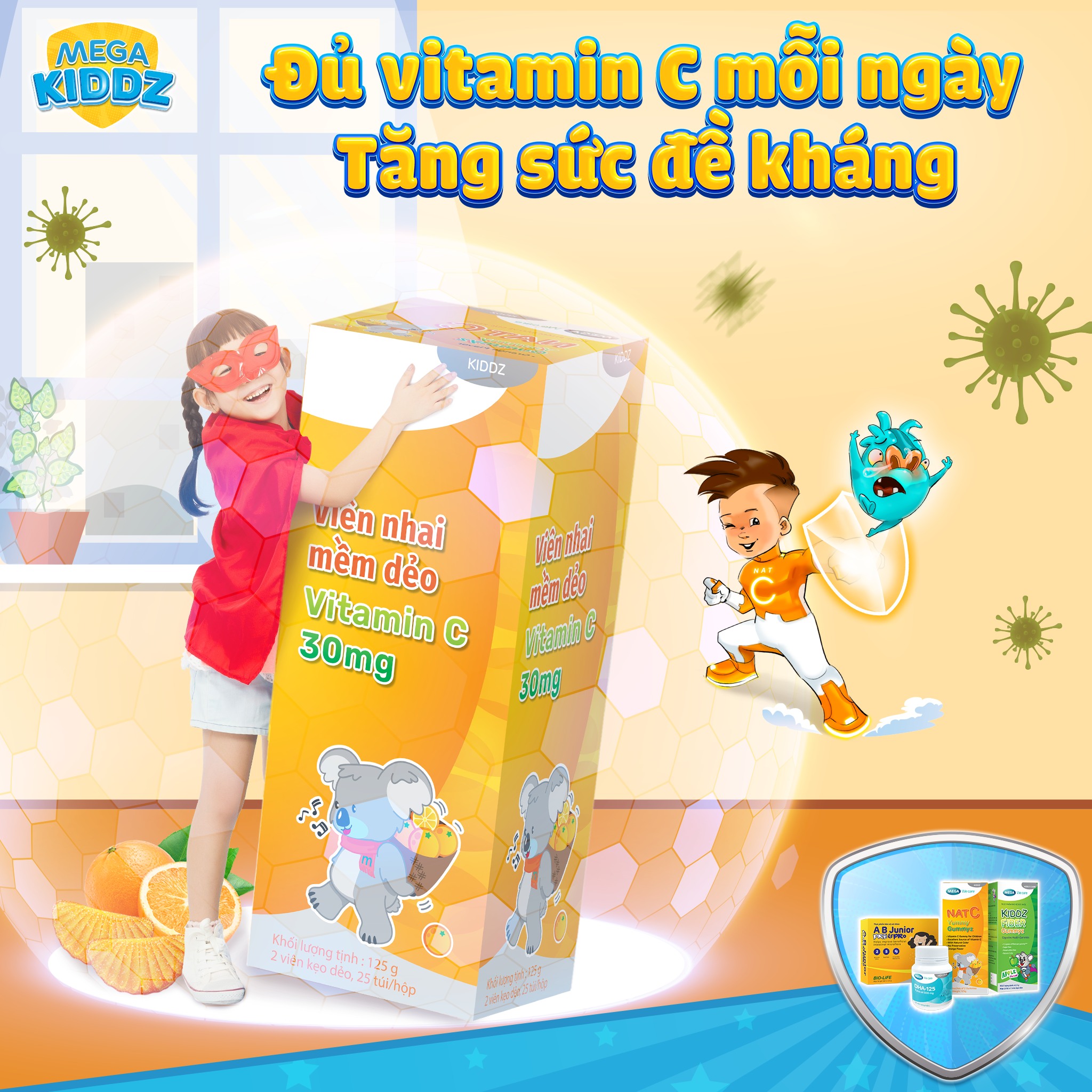 Kẹo dẻo Vitamin C vị cam, tăng đề kháng, giảm cảm cúm, sáng da NAT C YUMMY GUMMYZ (Hộp 25 gói x 2 viên) (Hộp 50 viên)