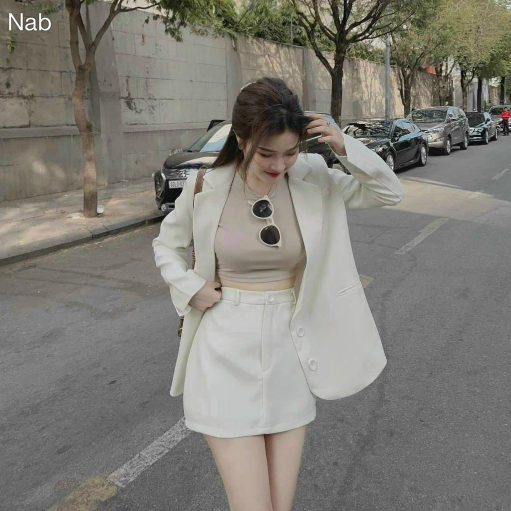 M10 set vest 3 món áo crop thun kèm chân váy mango phối khoác công sở nina lê