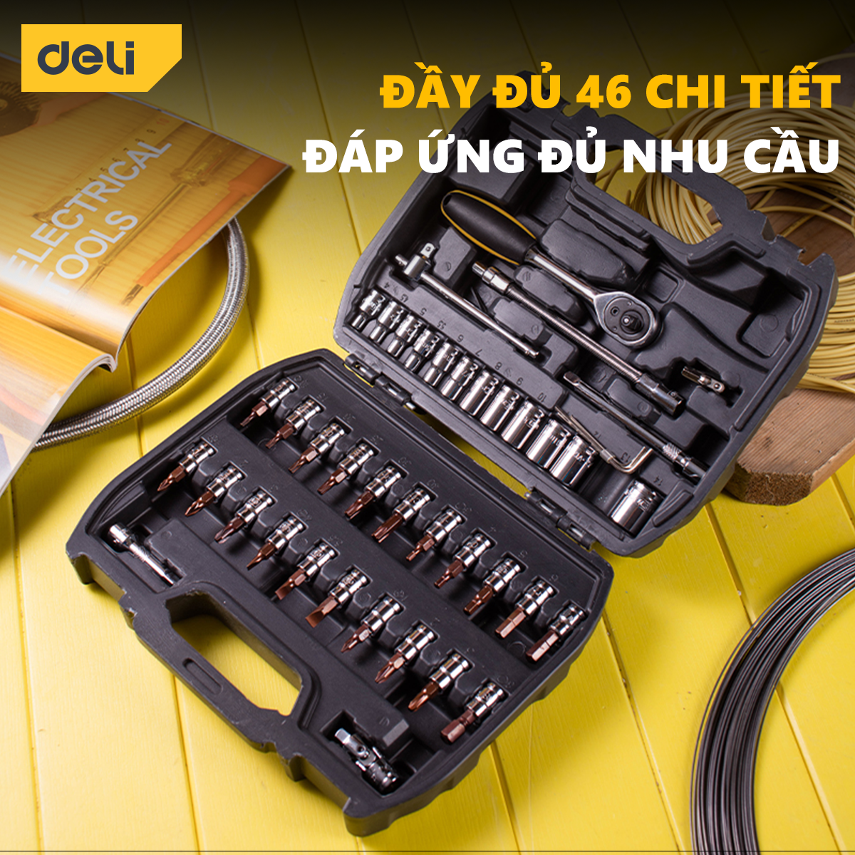 Bộ Dụng Cụ Vặn Bu Lông 6.3mm Deli Cao Cấp 46 Chi Tiết Sửa Chữa Xe Máy, Ô Tô - Hộp Đựng Cầm Tay Tiện Lợi - DL1046