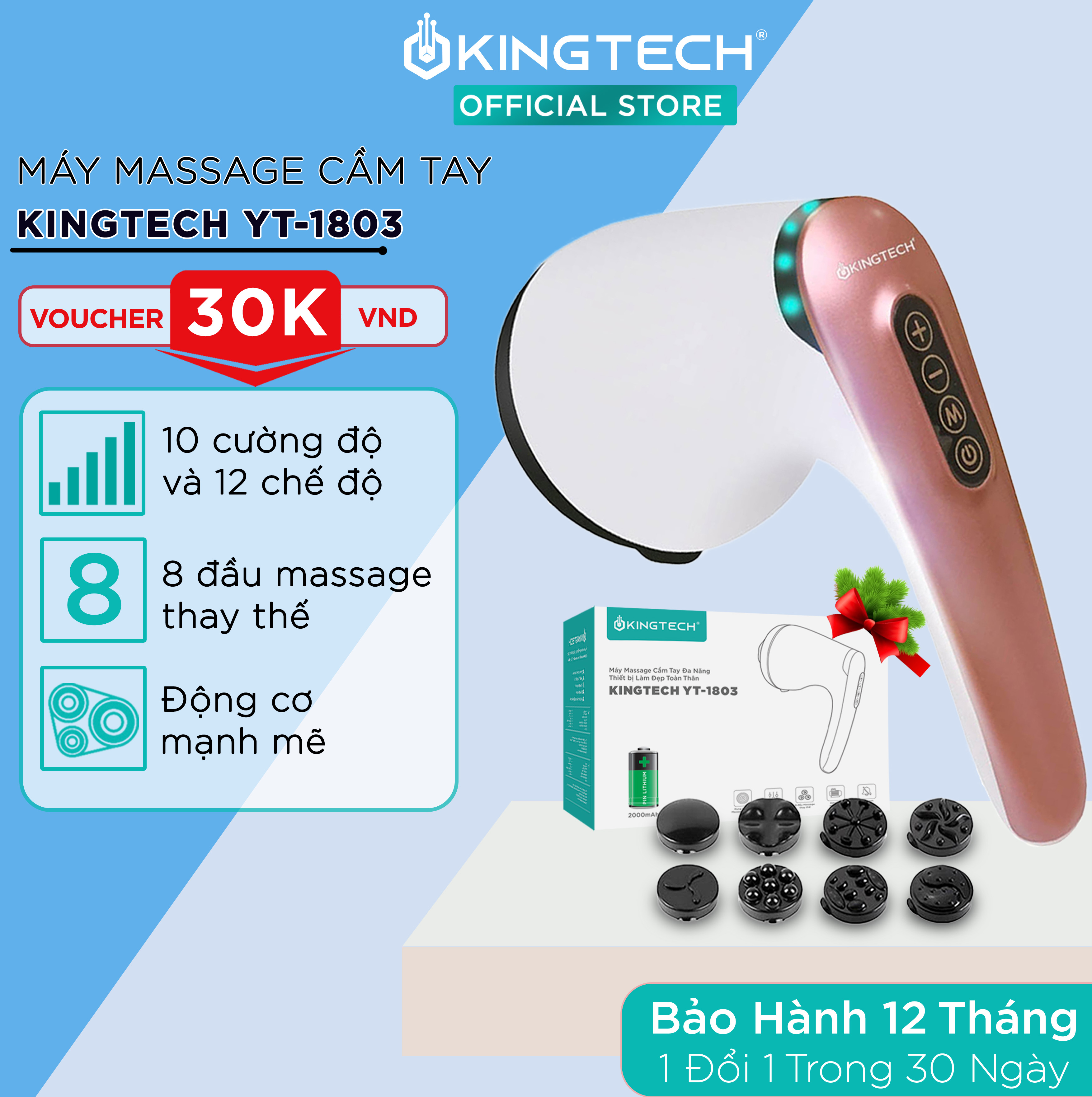 Máy Massage Cầm Tay Đa Năng KINGTECH YT-1803 - Mát Xa Không Dây Toàn Thân - Giảm Đau Cơ, Cứng Khớp Cho Cổ, Vai Gáy, Lưng, Chân, Cánh Tay - Hỗ Trợ Giảm Béo Vòng Bụng - Hàng Chính Hãng