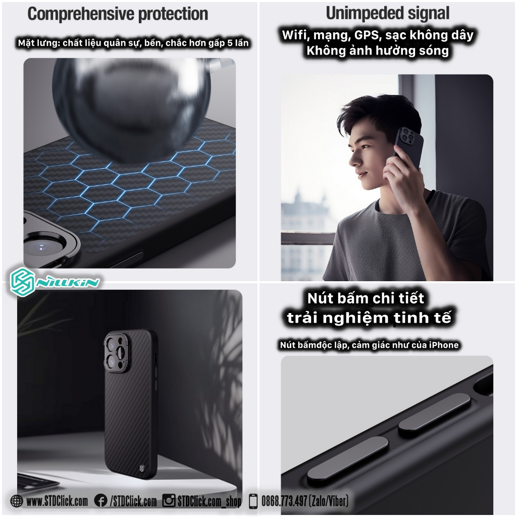 ỐP LƯNG DÀNH CHO ĐIỆN THOẠI IPHONE 14 PRO MAX - 14 PRO NILLKIN CARBOPROP - HỔ TRỢ SẠC TỪ TÍNH KÈM KHUNG BẢO VỆ CAMERA KIÊM GIÁ ĐỠ