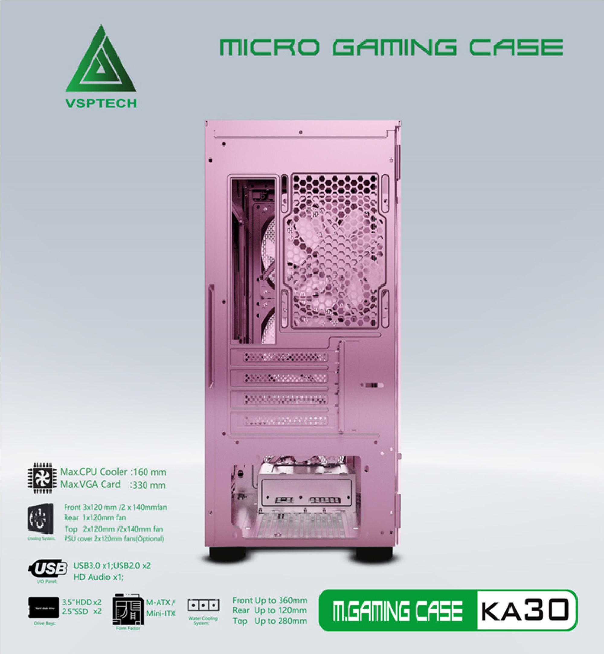 Case Gaming VSP KA30 Mini Tower (Hồng) - Hàng chính hãng