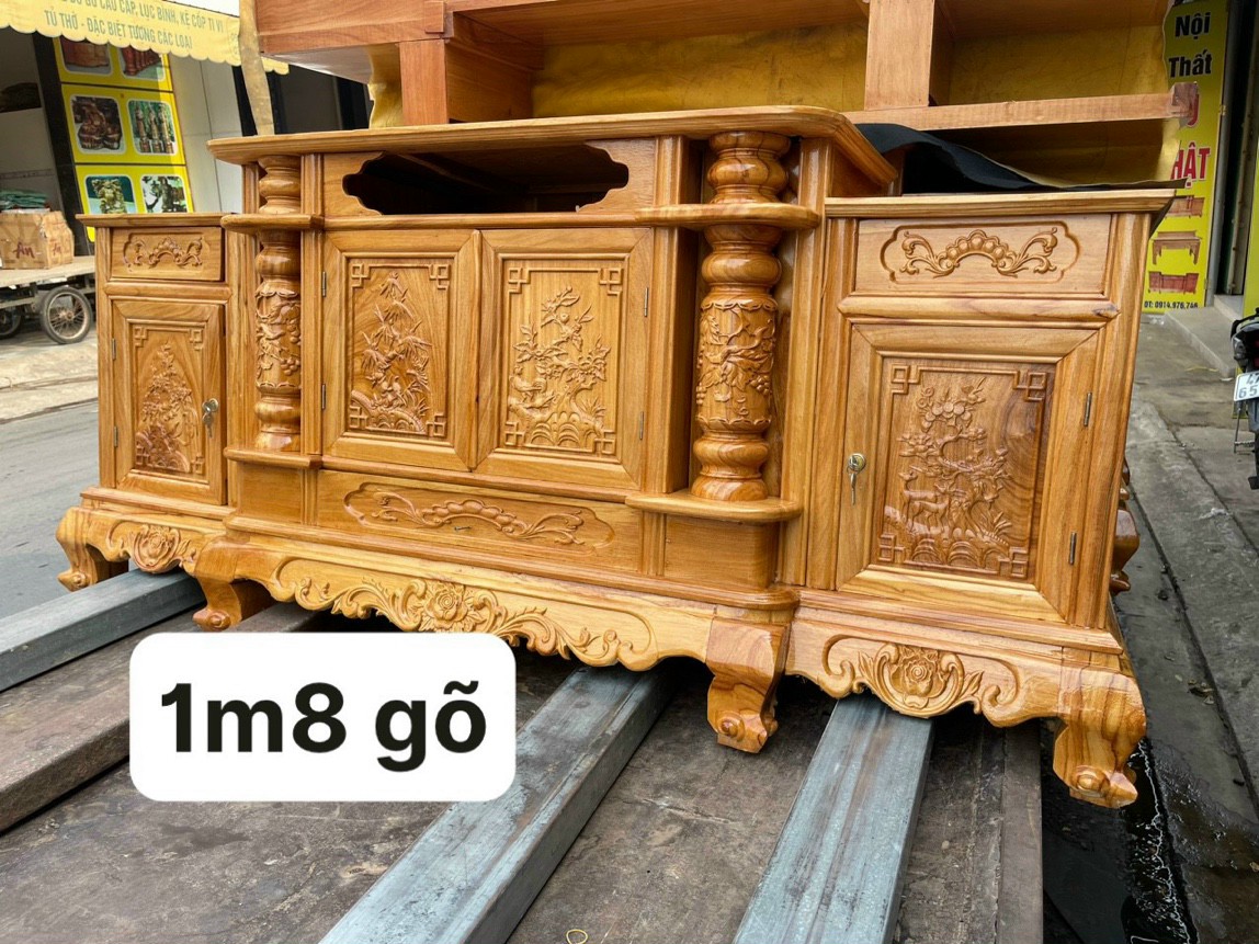 Kệ tivi cột nho nồi gỗ gõ đỏ ngang 1M6-1M8-2M-2M2-2M4