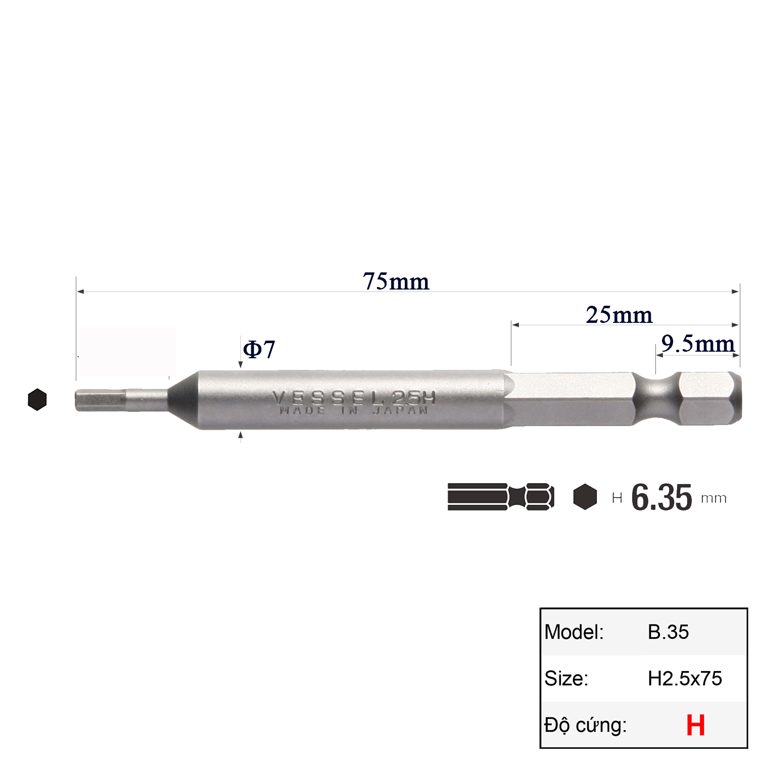 Mũi vặn vít đầu lục giác H2.5 chuôi lục giác H = 6,35 Vessel (Nhật Bản