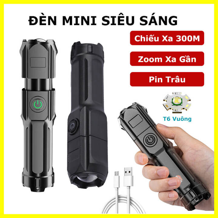 Đèn pin mini cầm tay siêu sáng chiếu xa 300m có Zoom xa gần, chip Led T6 pin trâu, chống nước IP44