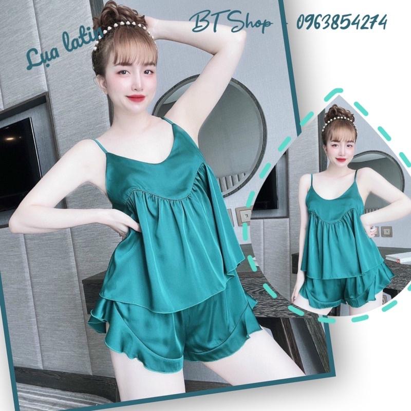 Đồ ngủ mặc nhà lụa latin 2 dây đùi trơn bèo freesize 42-57kg