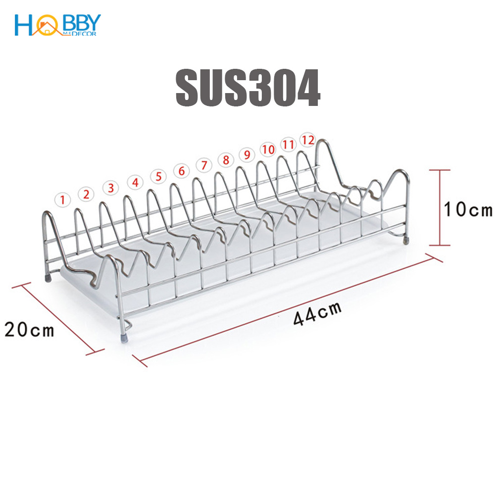 Kệ úp đĩa chén Inox 304 HOBBY KUD 12 ngăn không rỉ sét - kèm khay hứng nước - hàng cao cấp - ngang 44cm