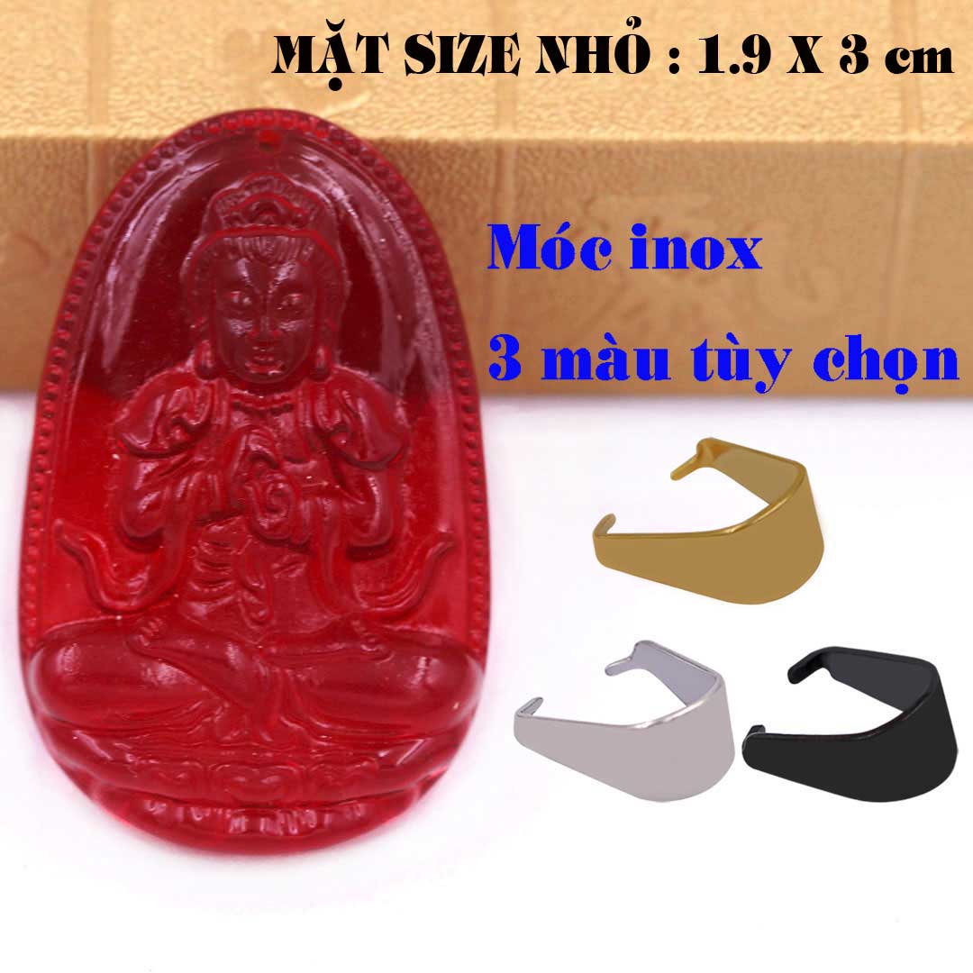Mặt Phật Đại nhật như lai pha lê đỏ 1.9cm x 3cm  kèm móc dây chuyền inox vàng, Phật bản mệnh, mặt dây chuyền Phật giáo