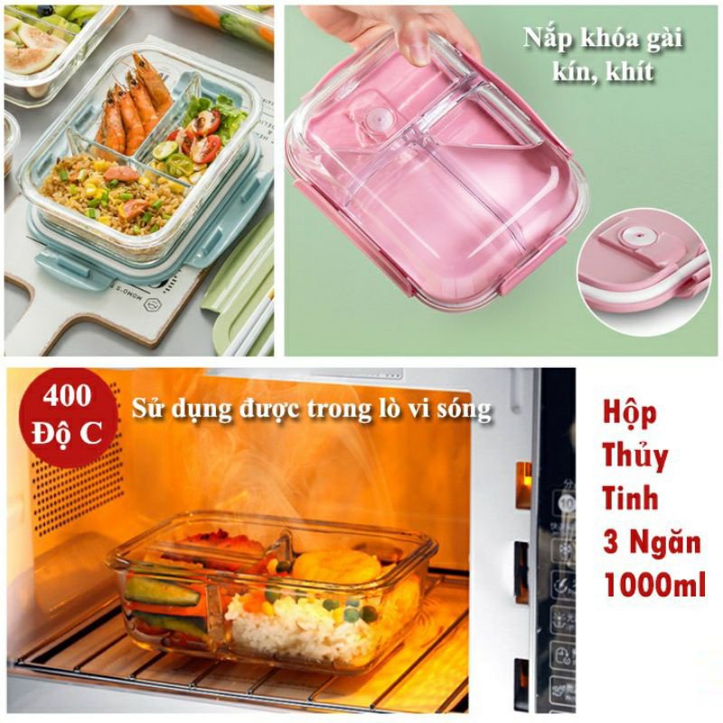 Hộp Cơm 3 Ngăn Thủy Tinh Chịu Nhiệt,Cà Mèn Văn Phòng 3 Ngăn Tiện Dụng 1000ml