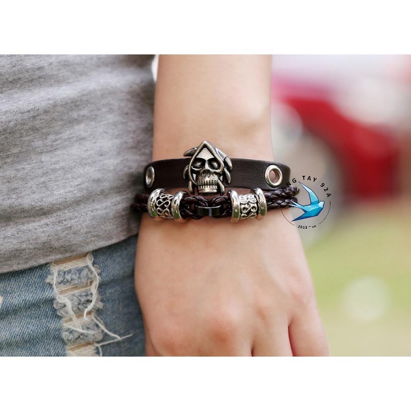 Vòng Đeo Tay Da Cá Tính Mạnh Mặt Skull Siêu Ngầu