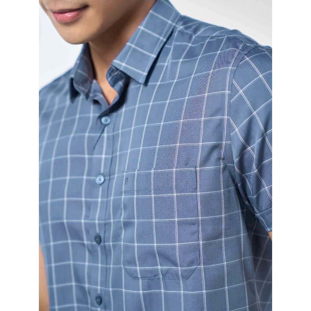 OWEN - Áo Sơ mi ngắn tay Owen vạt ngang chất sợi tre xanh ghi kẻ ô 230131
