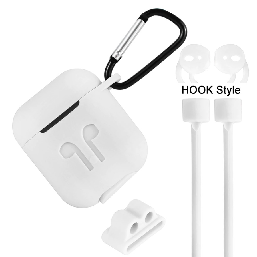 Phụ kiện chống rớt Airpods gồm hộp silicon đựng có móc khoá và dây silicon nối tai nghe quàng cổ, bao bảo vệ tai nghe, đế xỏ đồng hồ cho tai nghe Airpods (không gồm tai nghe)