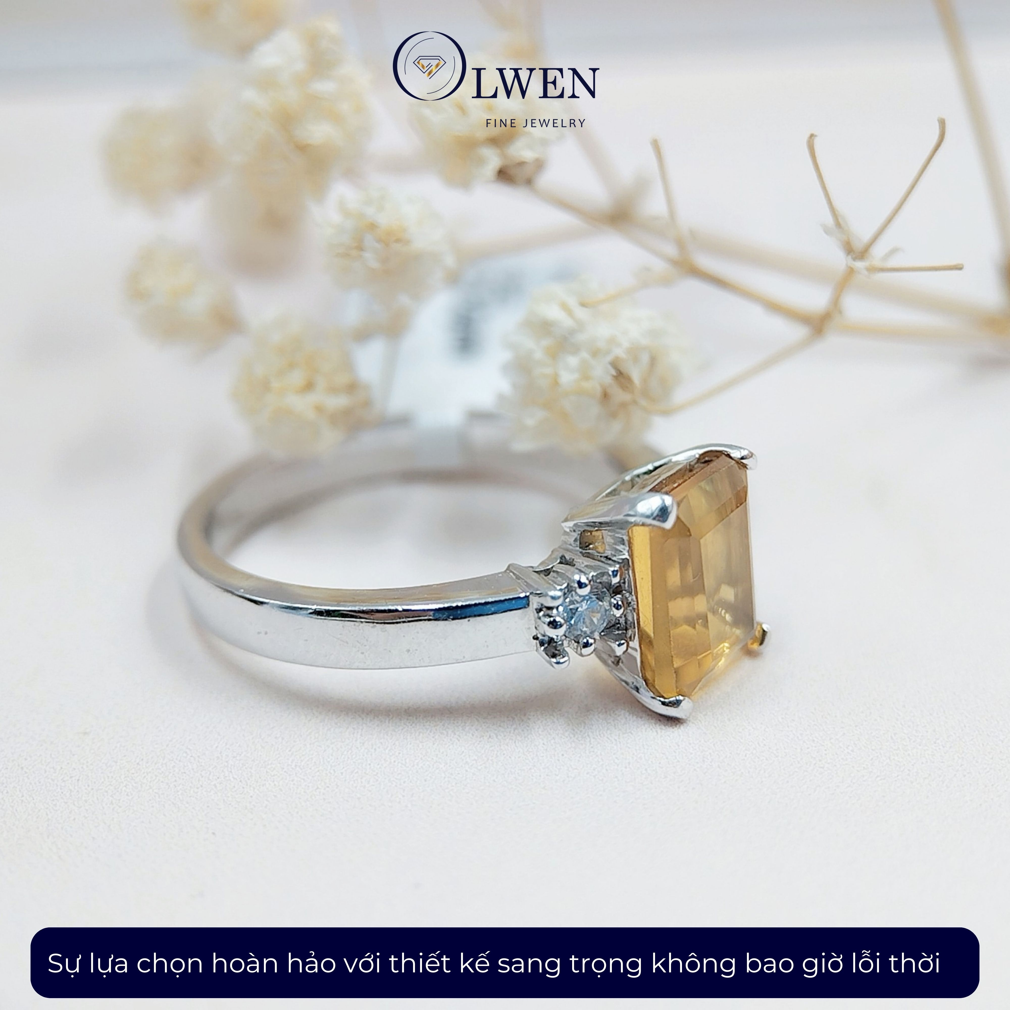 Nhẫn Citrine chữ nhật 18K HK Olwen HA-SJ000026