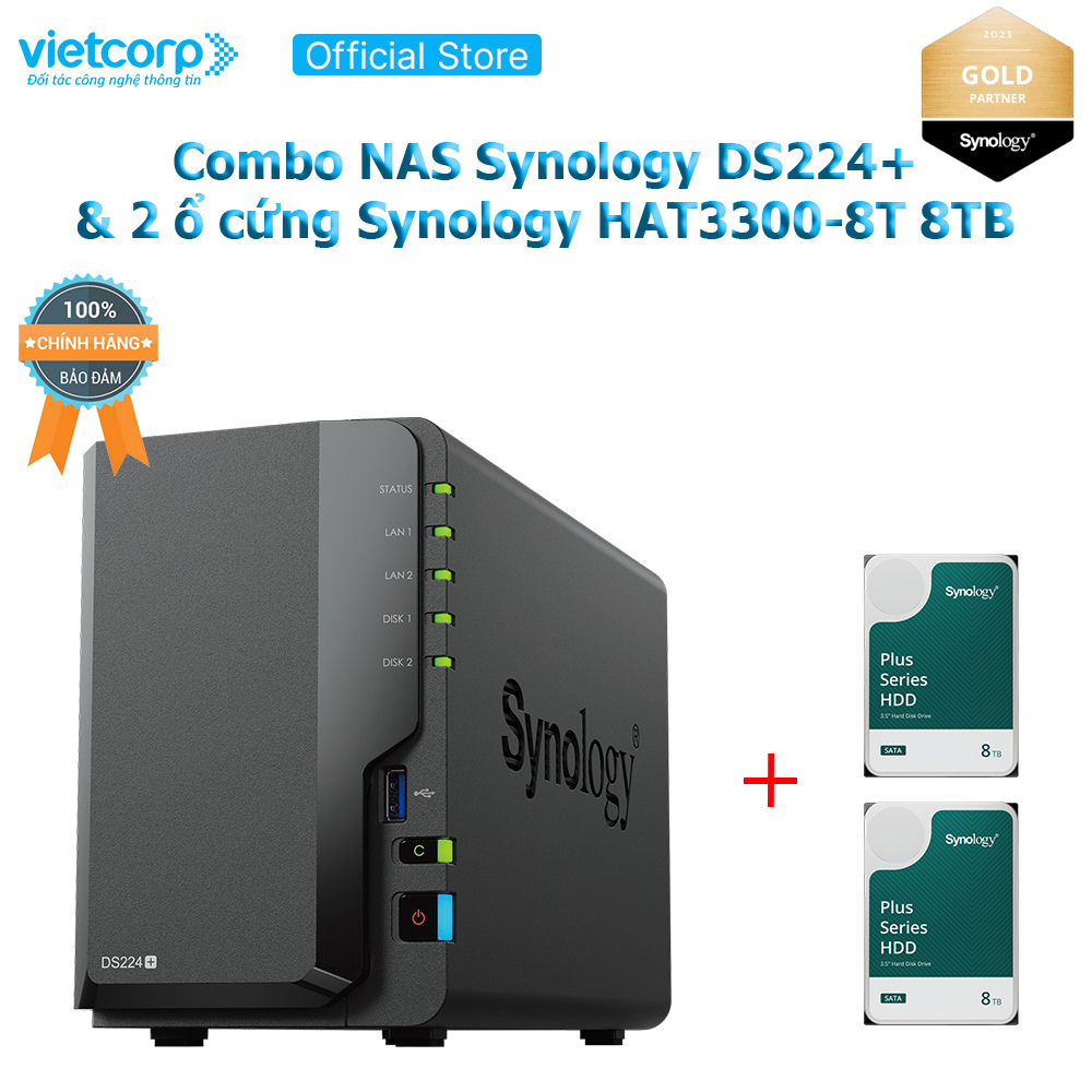 Combo Thiết bị lưu trữ NAS Synology DS224+ và 2 Ổ cứng Synology HAT3300-8T Hàng Chính Hãng